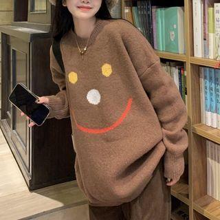 Smiley Face Print Sweater Coffee - One Size