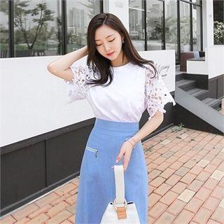 Crew-neck Lace-sleeve T-shirt
