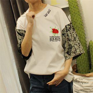 Velvet Panel Flower Embroidered 3/4 Sleeve T-shirt