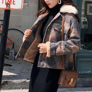 Furry Collar Plaid Jacket
