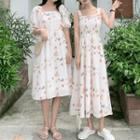 Floral Short-sleeve Midi A-line Dress / Strappy Dress