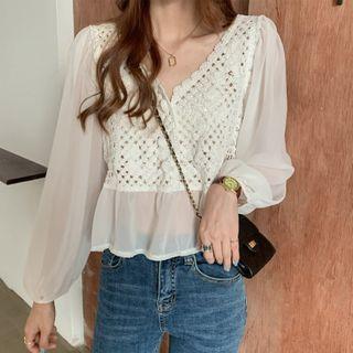Puff-sleeve Crochet Panel Blouse White - One Size