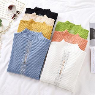 Rhinestone Lettering Mock-turtleneck Rib Knit Top