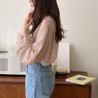Frilled-collar Balloon-sleeve Floral Blouse