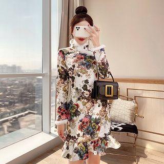 Ruffle Hem Jacquard Long-sleeve Mini Sheath Dress