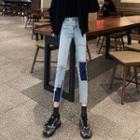 Distressed Patchwork Skinny Cropped Jeans