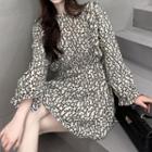 Long-sleeve Ruffle Trim Floral Dress / Long-sleeve Plain Furry Cardigan