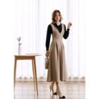 Buttoned Herringbone Maxi Pinafore Dress