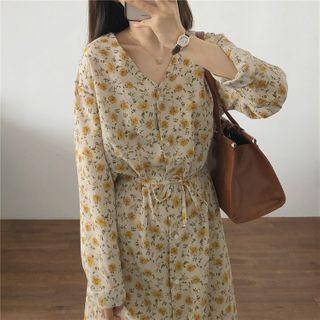 Floral V-neck Midi A-line Dress Almond - One Size