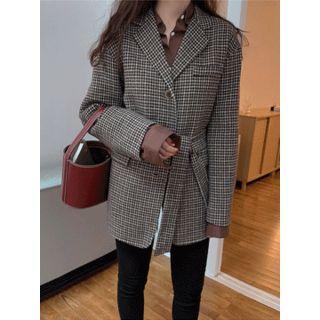 Single-breasted Houndstooth Jacket With Sash One Size
