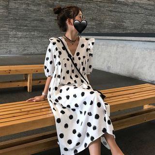 Dot Short-sleeve Loose-fit Dress As Figure - One Size
