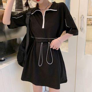 Mock Two-piece Elbow-sleeve Half-zip A-line Mini Dress