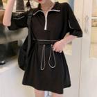 Mock Two-piece Elbow-sleeve Half-zip A-line Mini Dress