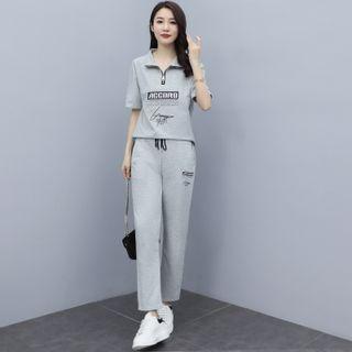 Set: Short-sleeve Half-zip Lettering Print T-shirt + Sweatpants