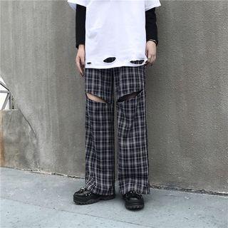 Cut-out Plaid Wide-leg Pants