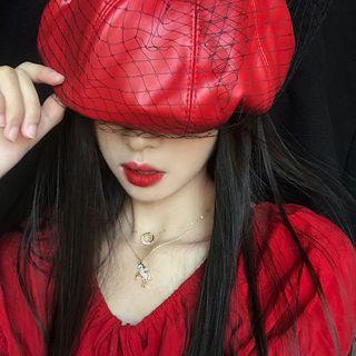 Mesh Faux Leather Beret Hat