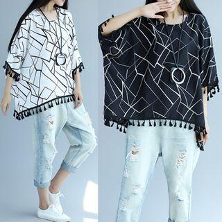 Print Round-neck Batwing-sleeve T Shirt