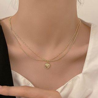Heart Pendant Layered Alloy Necklace 1 Pc - Heart Pendant Layered Alloy Necklace - Gold - One Size