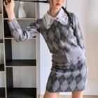 Lace Collar Argyle Zip Cardigan / Knit Mini Skirt