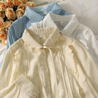 Tie-neckline Ruffle-trim Loose Shirt