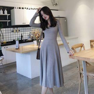 Plain Slim-fit Long-sleeve A-line Dress