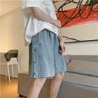 High-waist Washed Button-up Straight-cut Shorts