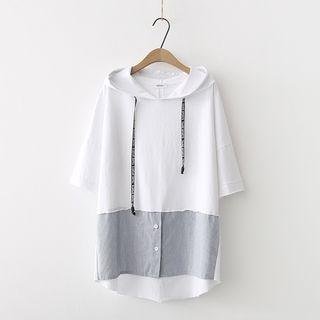 Stripe Panel Hooded Short-sleeve T-shirt