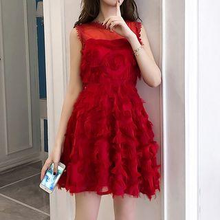 Sleeveless Fringed Mini Chiffon Dress
