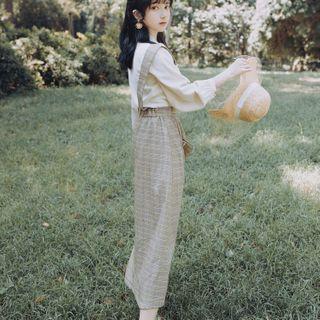 Set: Tie-neck Blouse + Plaid Midi Jumper Dress