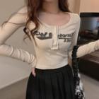 U-neck Letter Print Button-up Crop Top Top - White - One Size