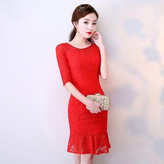 Ruffle Hem Elbow-sleeve Lace Cocktail Dress