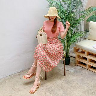 Set: Round-neck T-shirt + Midi Floral Skirt
