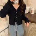 Long-sleeve Ribbed Buttoned Knit Top