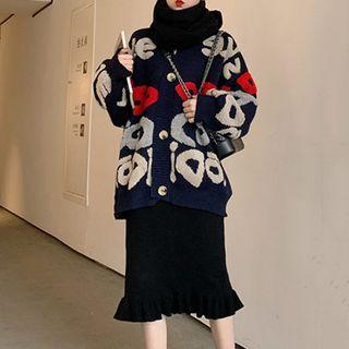 Lettering Cardigan / Midi Knit Skirt