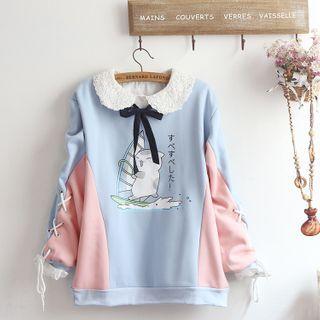 Lace Trim Blouse / Cat Print Lace Up Pullover / Set
