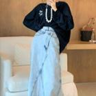 Long-sleeve Lettering T-shirt / Distressed Denim Midi A-line Skirt