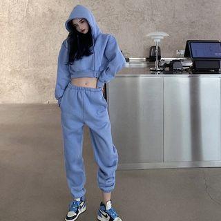 Long-sleeve Plain Hooded Cropped Sweatshirt / Plain Sweatpants