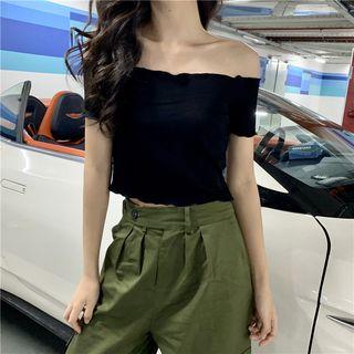 Short-sleeve Off-shoulder Crop T-shirt Black - One Size