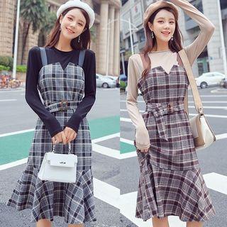 Set: Crew-neck Long-sleeve T-shirt + Plaid A-line Pinafore Dress