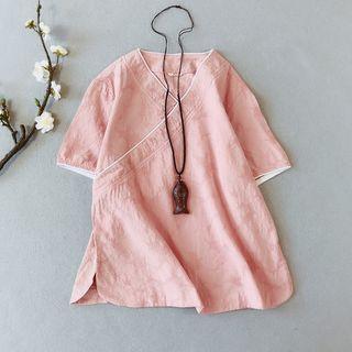 Traditional Chinese Elbow-sleeve Contrast Trim Top