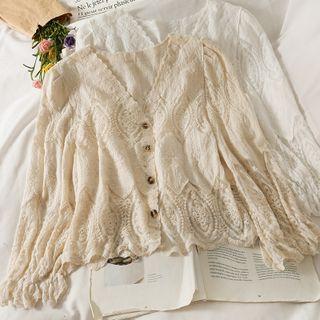 Button-up V-neck Lace Top