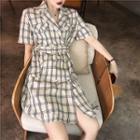 Color-block Plaid Lace-up Dress With Belt As Shown In Figure - One Size