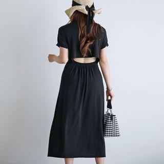 Roll-up Sleeve Slit-back Long Dress