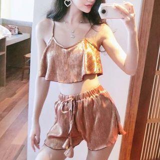 Set: Ruffle Accent Swim Top + Swim Bottom + Drawstring Cover-up Shorts