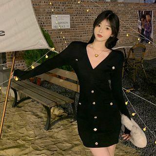 Long-sleeve V-neck Button Detail Knit Mini Sheath Dress Black - One Size