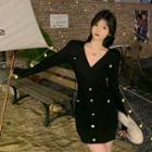 Long-sleeve V-neck Button Detail Knit Mini Sheath Dress Black - One Size