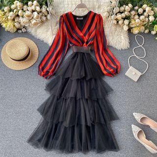 Lantern-sleeve Maxi Mesh Layered Dress