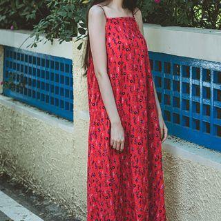 Spaghetti Strap Patterned Midi A-line Dress Red - One Size