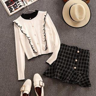 Set: Ruffle Trim Cardigan + Mini Plaid A-line Skirt