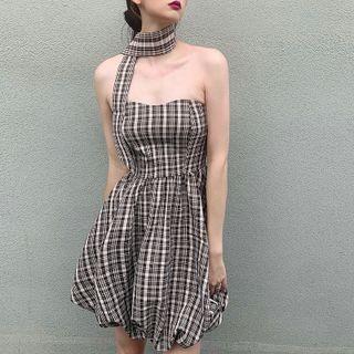 Asymmetrical Choker-neck Plaid A-line Dress